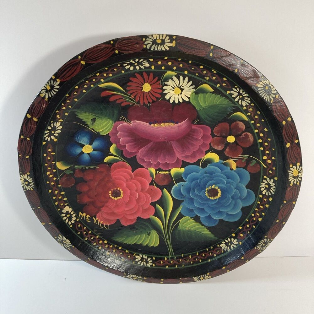 Vintage Hand Painted Wooden Plate Tray 10 1/2” Floral Folk Art Wall Decor Boho